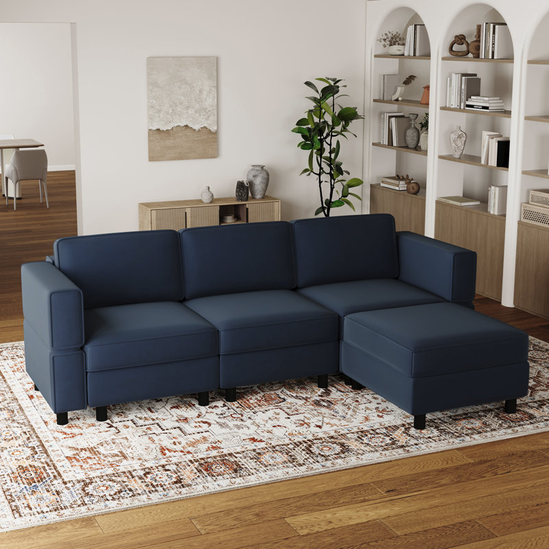 Canapé modulaire en L avec repose-pieds mobile, Velours bleu, H 33,9 po x l 88,6 po x P 57,1 po
