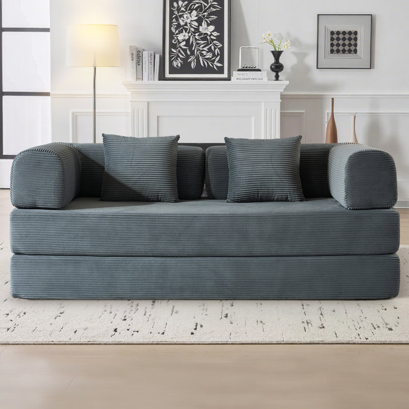 Boneless 78" King-Size Sleeper Sofa Bed Convertible Compression Couch Bed Corduroy Floor Couch With 2 Pillows, Gray