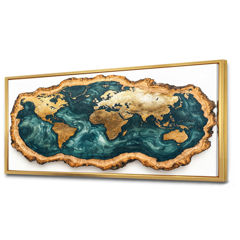 Schutte Emerald Crystals World Map Wood Slide II - carte du monde, art mural, H 28 po x l 60 po, Floater Framed, Doré