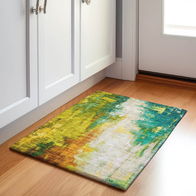 Machine Washable Indoor/Outdoor Xhevrie Green Rug