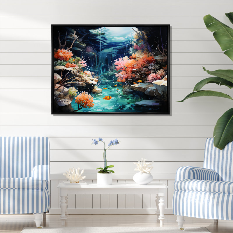 Jardin de corail réaliste sous l'eau II - art de corail, Cadre flottant noir, H 16 po x l 32 po x P 1 po