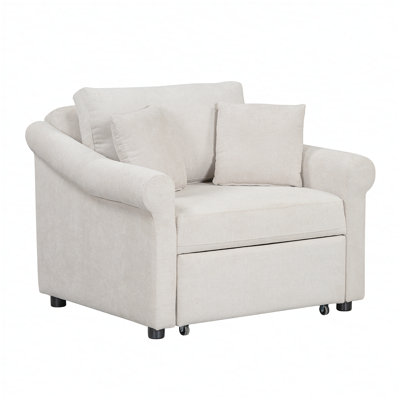 Fauteuil convertible en chenille avec dossier réglable, chaise longue 3 en 1 se transformant en lit, lit simple pour le salon, beige