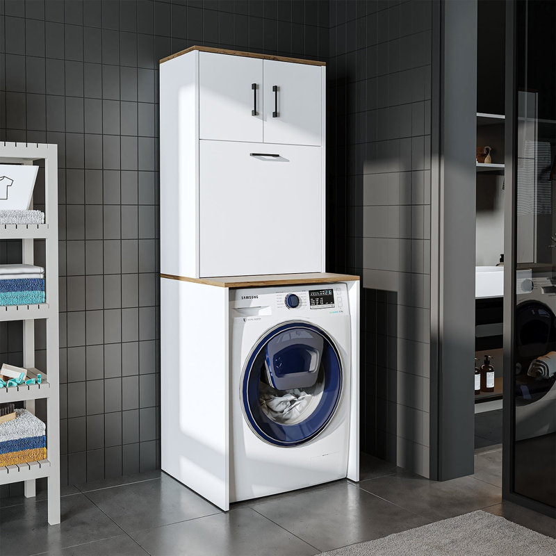 Roomart Luna Washing Machine Cabinet with Built In Laundry Basket and Storage Cupboards,, White/Oak