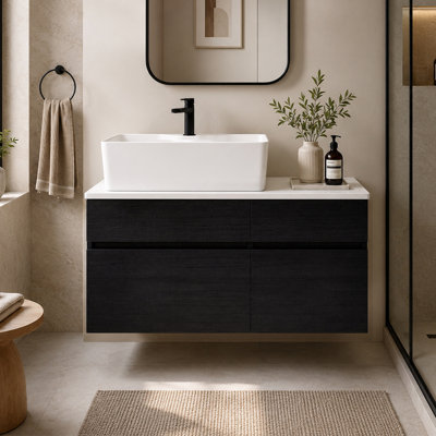 Meuble-lavabo flottant moderne 31,5 po avec lavabo en céramique, tiroir et armoire pour espaces compacts, fixation murale