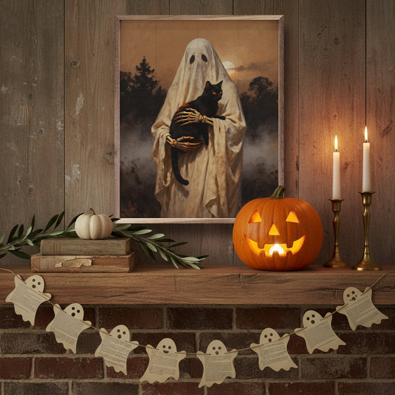 Ghost And Black Cat Wall Art, 10" H x 8" W