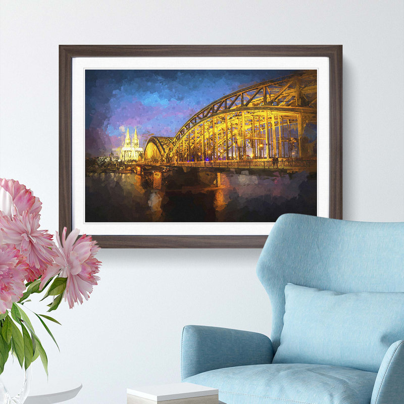 Cologne Cathedral and the Hohenzollern Bridge - Picture Frame Graphic Art Print, 27cm H x 36cm W x 2cm D, Walnut Framed