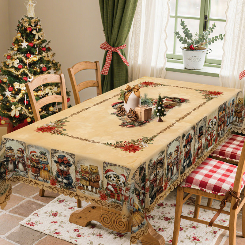 Multiple Christmas Snowman Pattern Designs Off-White Washable Polyester Tablecloth, 86.6" L x 70.8" W
