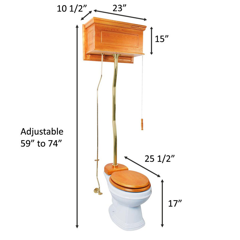 The Renovators Supply High Tank Pull Chain Toilet with Dark Oak Wooden Finish (Seat Not Included), Light Oak/Brass