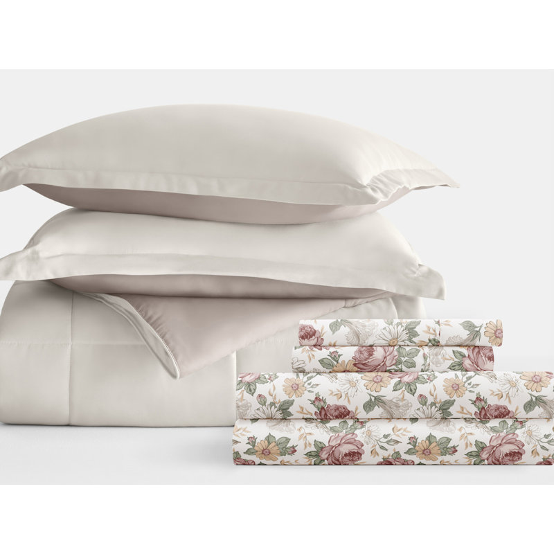 7-Piece Reversible Bedding Bundle - Solid Comforter and Patterned Sheet Set, Beige Floral