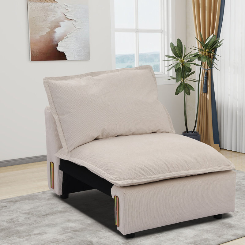 35" W Corduroy Modular Sofa Armless Chair Module In White