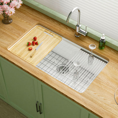 33" L x 19" W Fireclay Undermount Workstation Kitchen Sink, Drop-in Kitchen Sink White Single Bowl, Dual Mount, Included 4 Custom Accessories