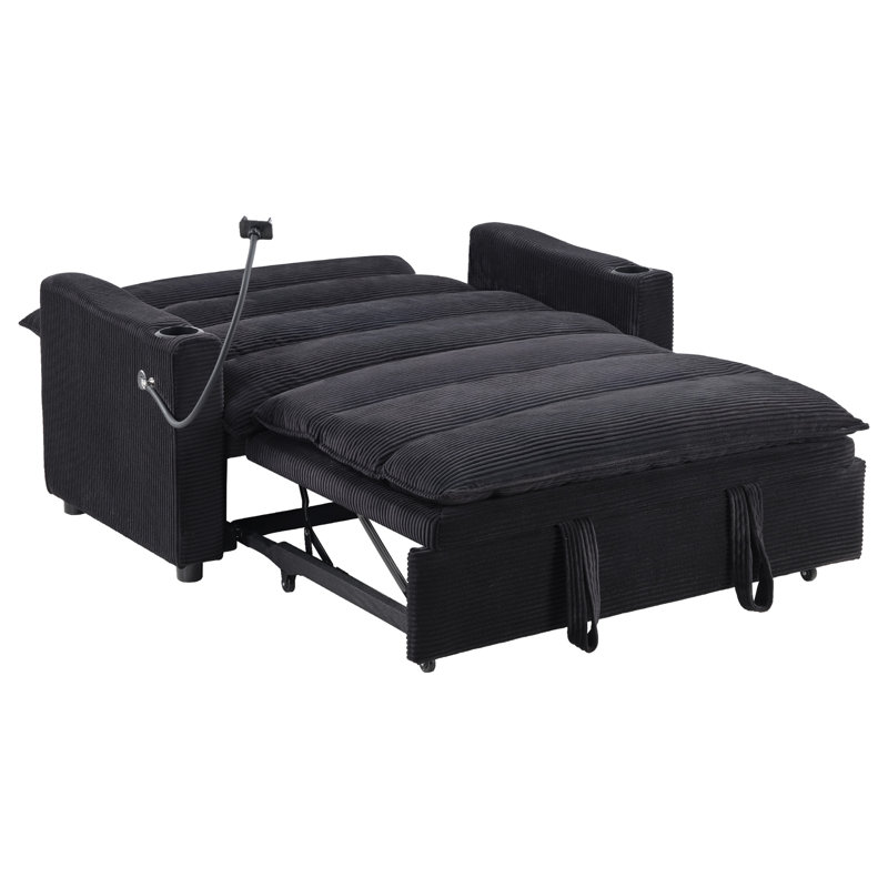Modern 3-in-1 Convertible Sleeper Sofa Bed With Phone Holder And Cup Holders, Black