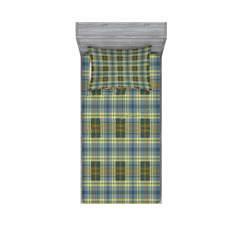Microfiber Geometric Sheet Set, Twin XL Fitted Sheet, Motif English Folk Textured Plaid