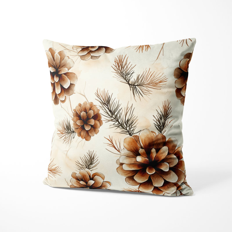 Rustic Lodge Decorative Cushion - Brown Rustic Pinecone Light Printed Throw Pillow, 16"H x 16"W