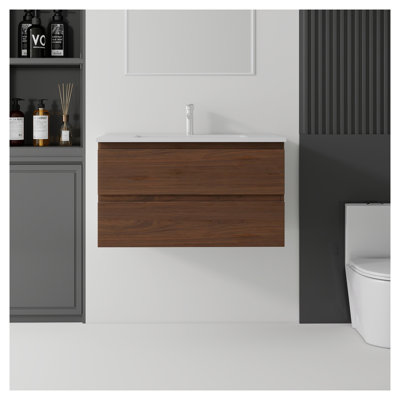 Meuble-lavabo flottant brun de 36 pouces avec lavabo en céramique intégré, drain de trop-plein et porte à fermeture en douceur