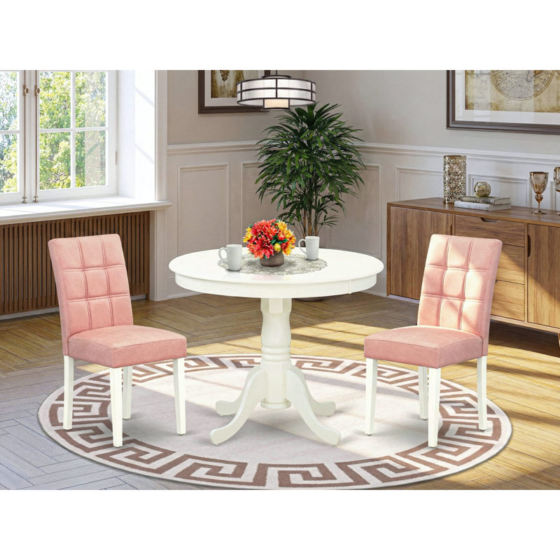 L'ensemble de table de salle à manger 3 pièces se compose d'une table en bois et de 2 chaises de salle à manger Mid-Century en tissu de polyester rouge beige avec dossier élégant - finition lin blanc