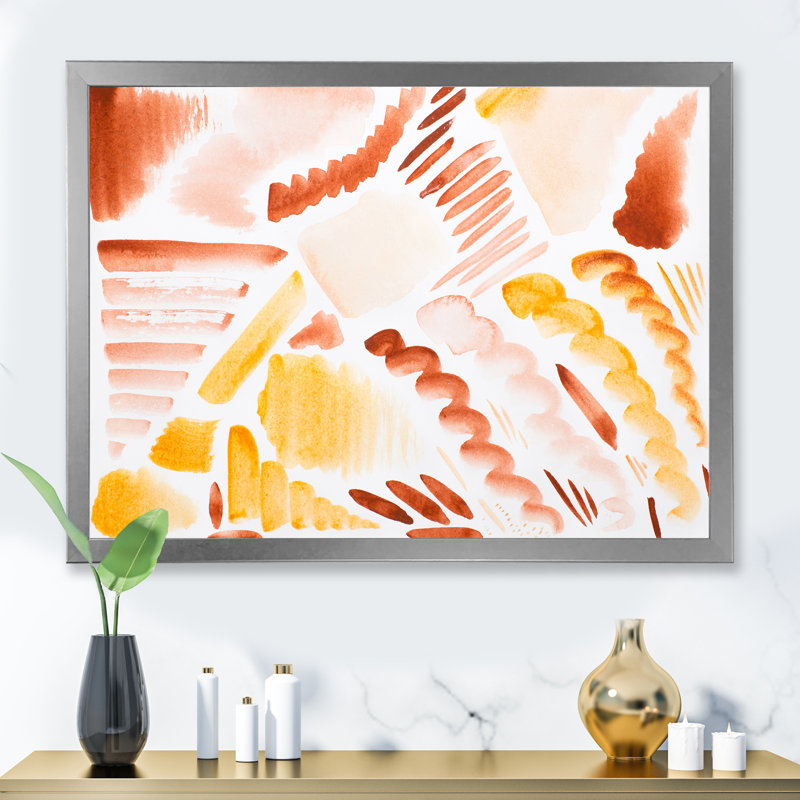 Éléments graphiques rétro en orange et jaune I - peinture sur toile, H 16 po x l 32 po, Cadre photo argenté