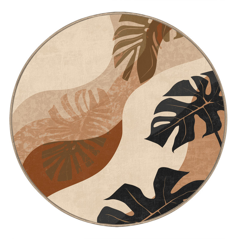 Machine Washable Ortmund Philodendron Eclectic Abstract Rug in Beige – Beige Binding, 6' Round