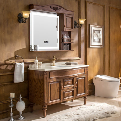 39.37"Natural Color Solid Wood Red Oak Freestanding Bathroom Washbasin Vanity With a Mirror Cabinet