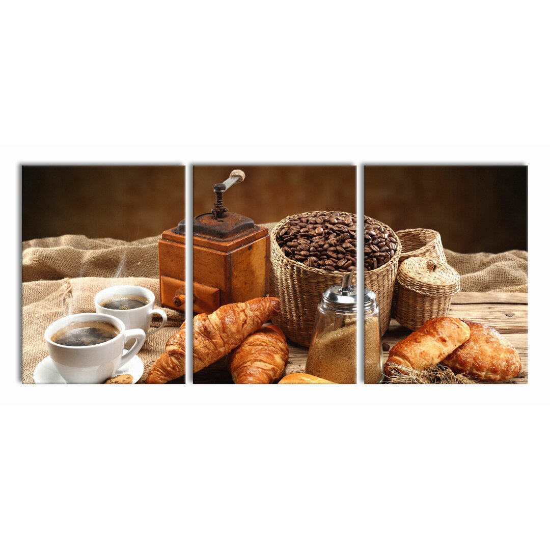 3-tlg. Leinwandbilder-Set Aromatischer Kaffee mit Croissants