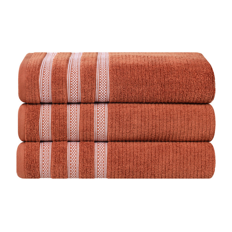 Emiliah Zero Twist Cotton Ribbed Modern Geometric Border Plush Soft Highly-Absorbent Bath Towel Set, Rust