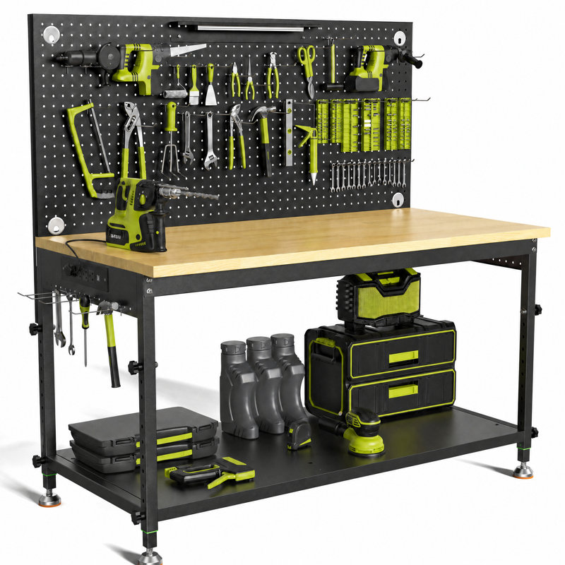 Établi 48 po multifonctionnel pour garage avec panneau perforé, charge de 2000 lb, hauteur réglable, lumière DEL