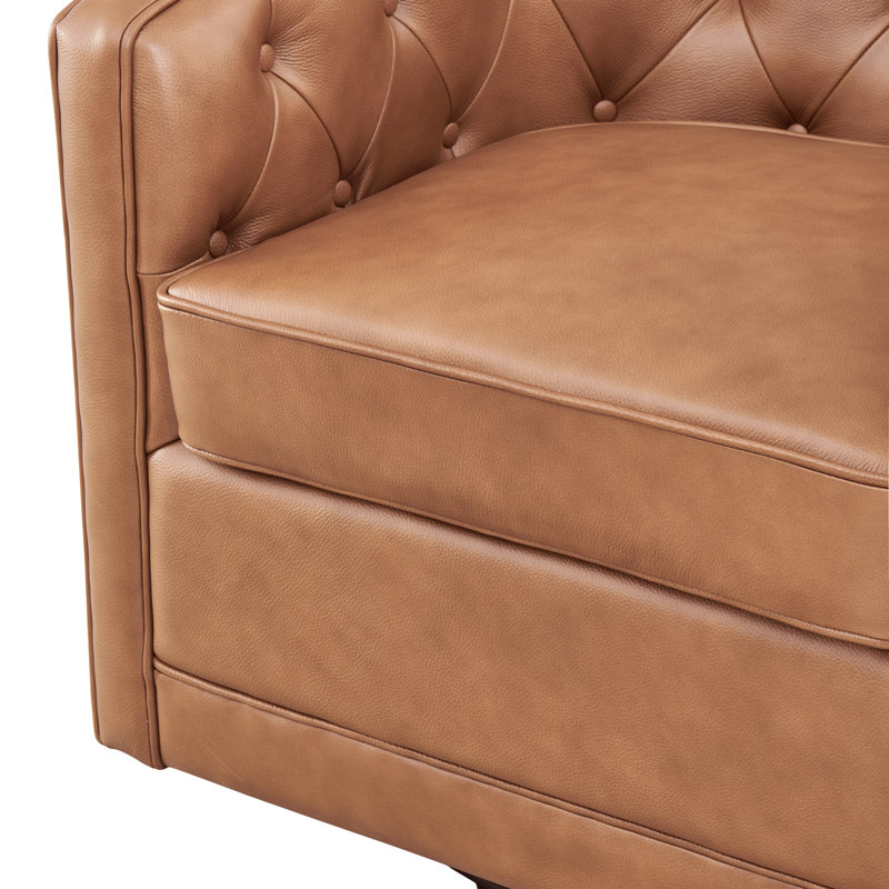 30" Tufted Top Grain Leather Swivel Barrel Chair, Caramel