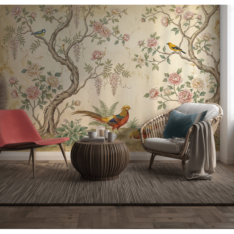 Murale de style rétro avec oiseaux chinois, 160 po x 108 po, Peler et coller