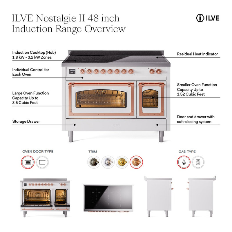 ILVE Nostalgie II 48 in Induction Range, Antique White/Copper