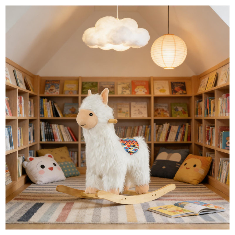 Jouet à bascule style lama pour enfants avec peluche en coton blanc et structure en acier