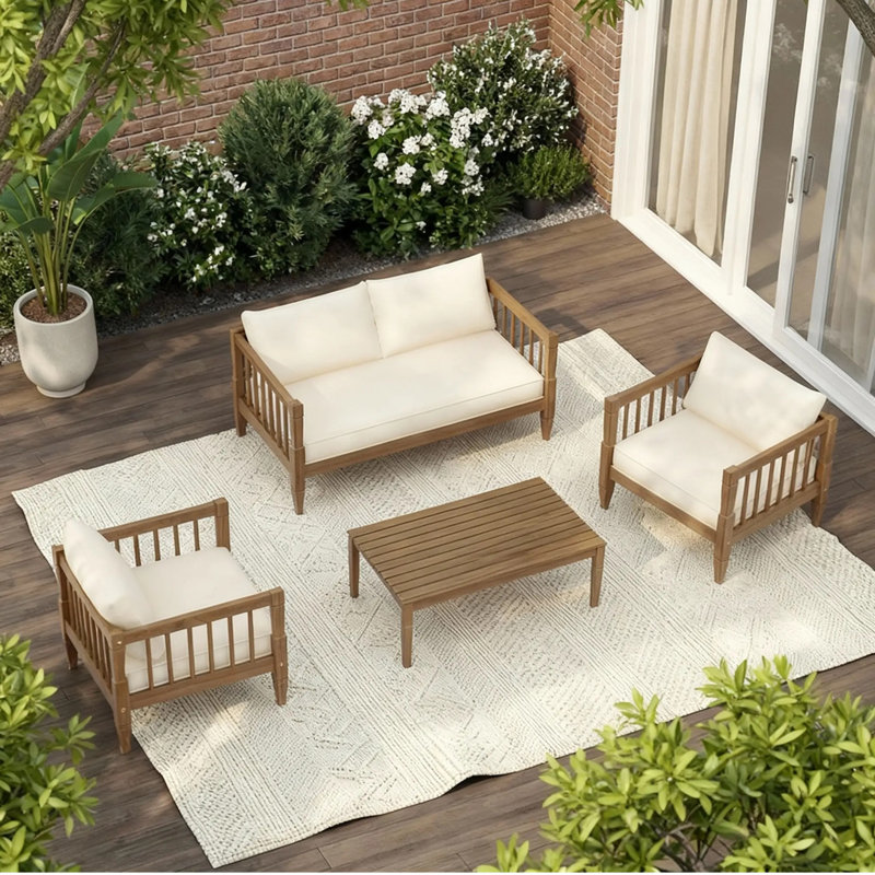 4-Piece Acacia Wood Patio Set with Thick Cushions, Light Brown