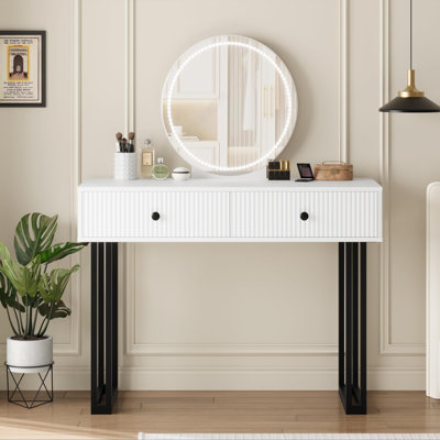 Vanity Desk with Mirror and Lights, Small Makeup Vanity with 2 Drawers, Modern Vanity Organizer with 3 Colour Lights