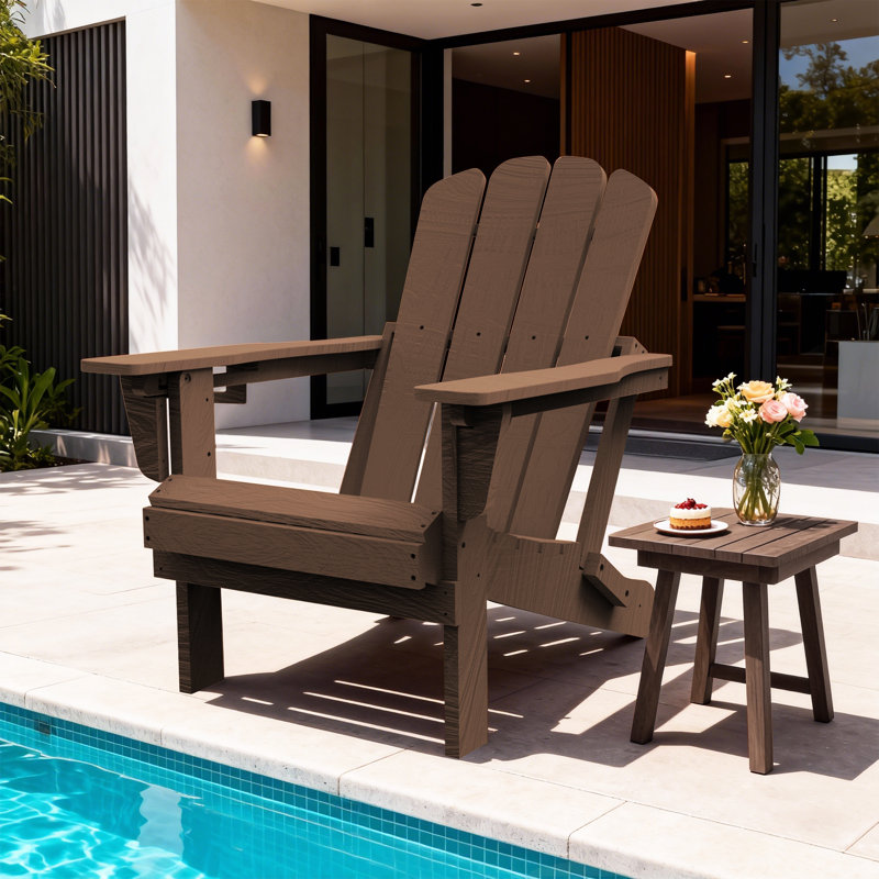 All-Weather HDPE Folding Adirondack Chair Outdoor Patio Fire Pit Chair with Cup Holder, Brown