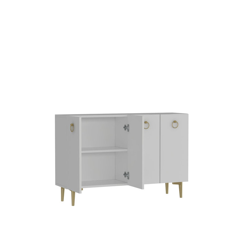 4-Door Sideboard With Ring Pull Handles And Tapered Legs, White/Gold