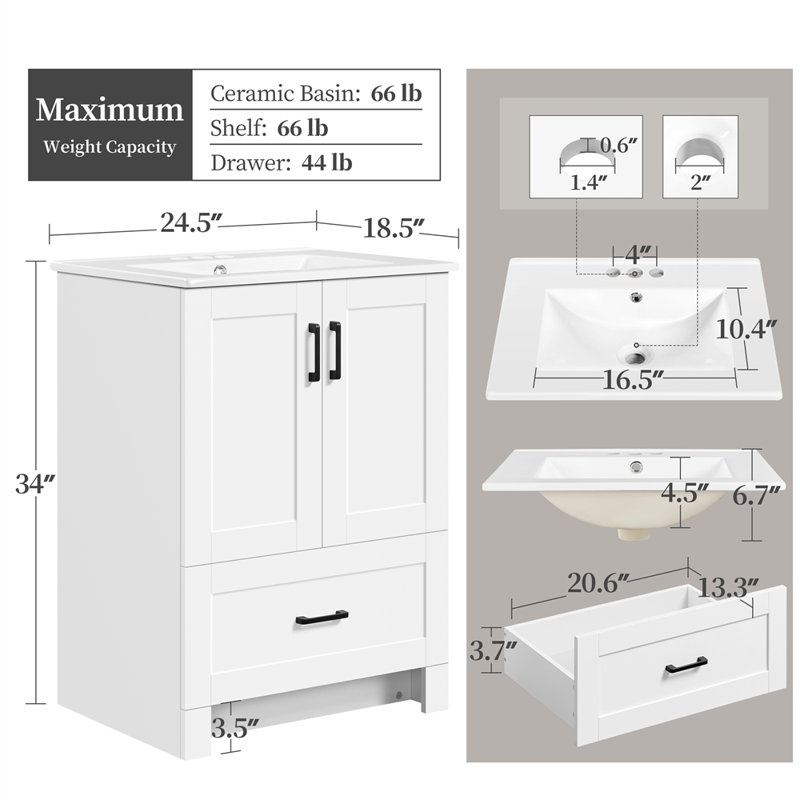 Chantasia 24.5 " W Freestanding Standard Free Standing Single Double Single Vanity Bathroom Vanity With Ceramic Top, White