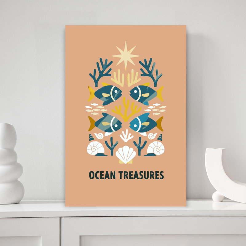 Ocean Treasures Abstract Contemporary Starfish Fish Coastal Wall Art Print 1 Piece Wrapped Canvas Wall Art