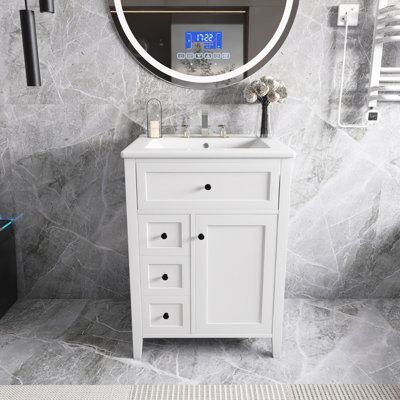 24" Bathroom Vanity With Sink - MDF & Rubberwood Build, 3 Drawers, Cabinet With Adjustable Shelves