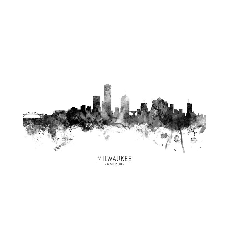 Milwaukee Wisconsin Skyline Name Bw by Michael Tompsett - 1 Piece Wrapped Canvas Wall Art, 66.04 cm H x 45.72 cm W