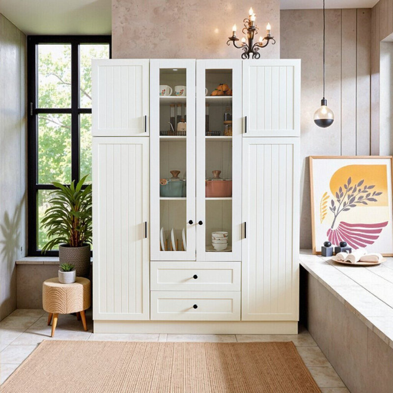 Très grand garde-manger avec porte-bouteilles, plateaux coulissants et tablettes réglables, Blanc