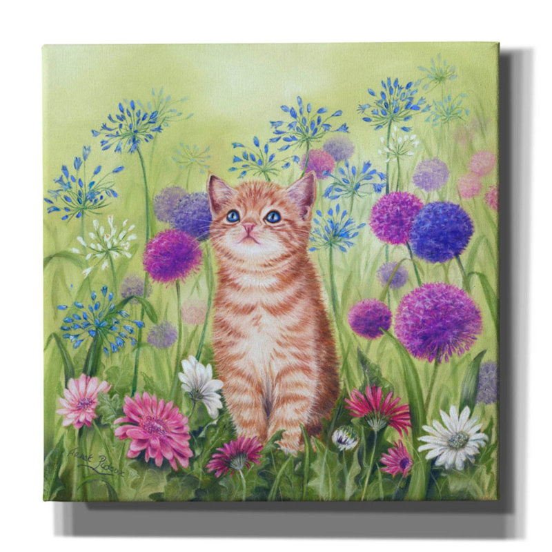 Chaton gingembre en fleurs par Janet Pidoux, H 18 po x l 18 po x P 0,75 po