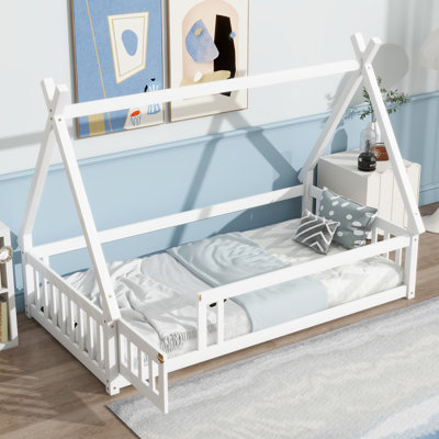 Twin Tent-shaped Floor Bed,Teepee Bed with Guardrails,Slats and Door,White