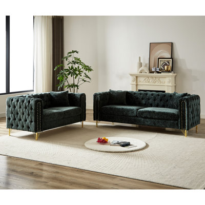 Salon en chenille, 5 avec boucle à tirer, décoration cloutée en cuivre à boutons et pieds modernes en métal, pour boutons sur la garniture