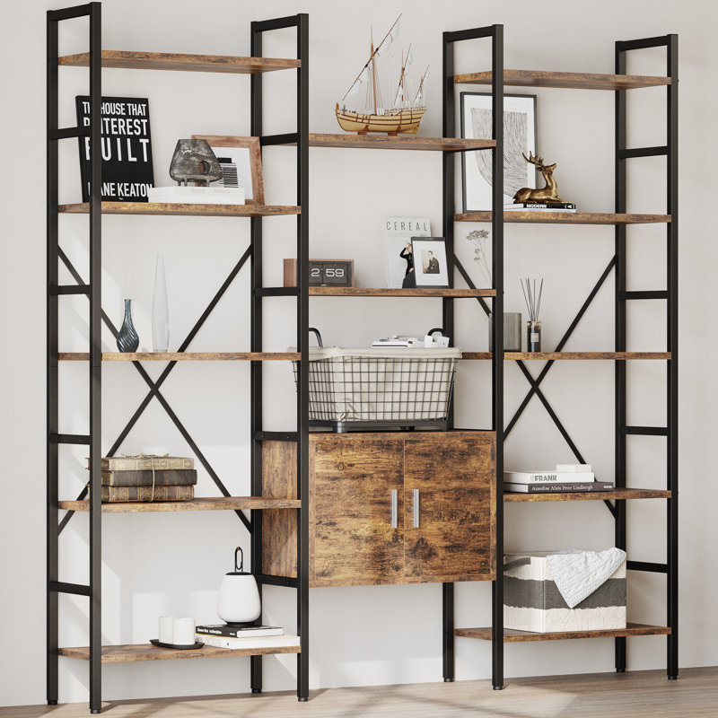 70" Industrial Bookshelf, Large 5-Tier Triple Bookcase with Storage Cabinet, 14-Shelf Display Unit, Metal Frame Etagere Furniture for Living Room, Bedroom, Home Office