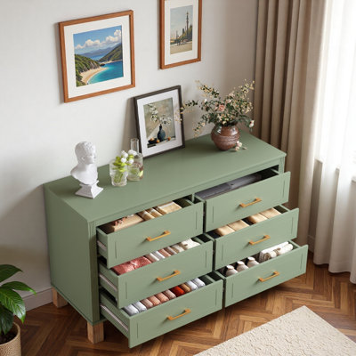 Commode 47,24 po avec 6 tiroirs, poignées en métal et pieds en bois