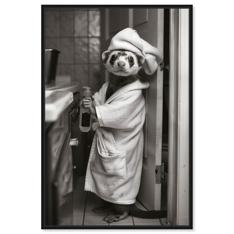 Art Remedy, salle de bain sur toile, furet de salle de bain, Cadre flottant noir, H 16 po x l 11 po
