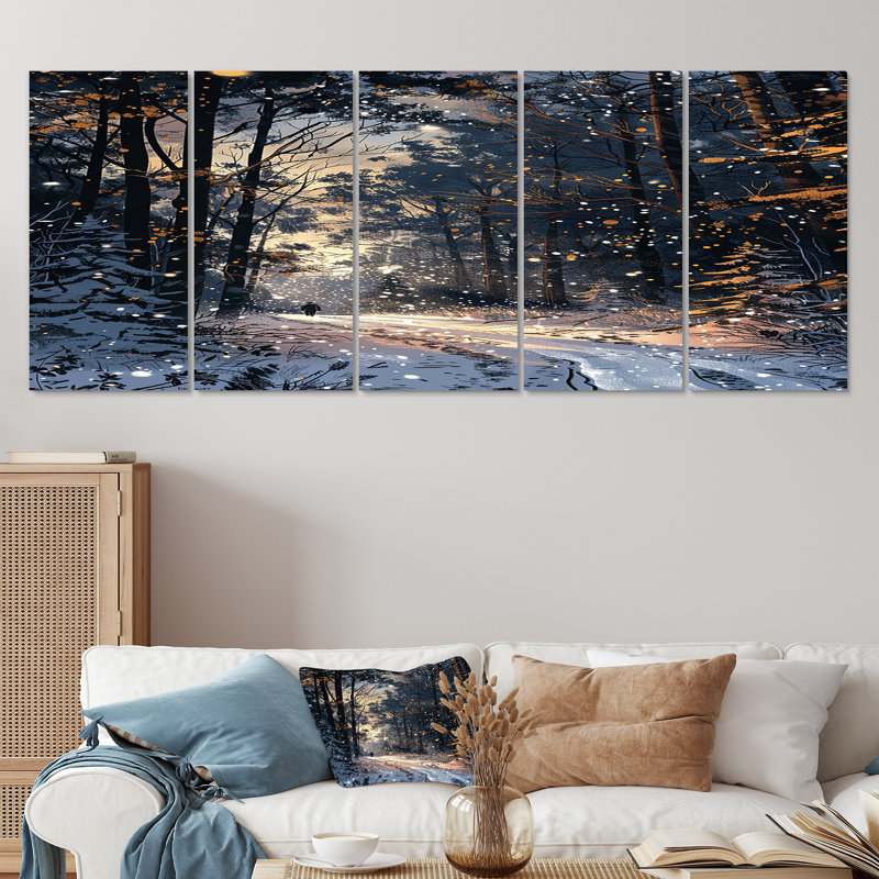 Snowy Path Through The Winter Forest - Forest Wall Art Set 5 Piece, 32" H x 80" W