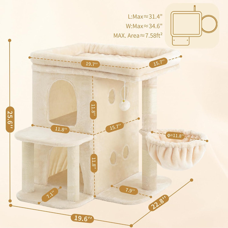 Arbre à chat avec grand perchoir et deux condos spacieux Tour pour chat avec poteaux à griffer, meubles pour chat avec panier confortable et pompon, beige
