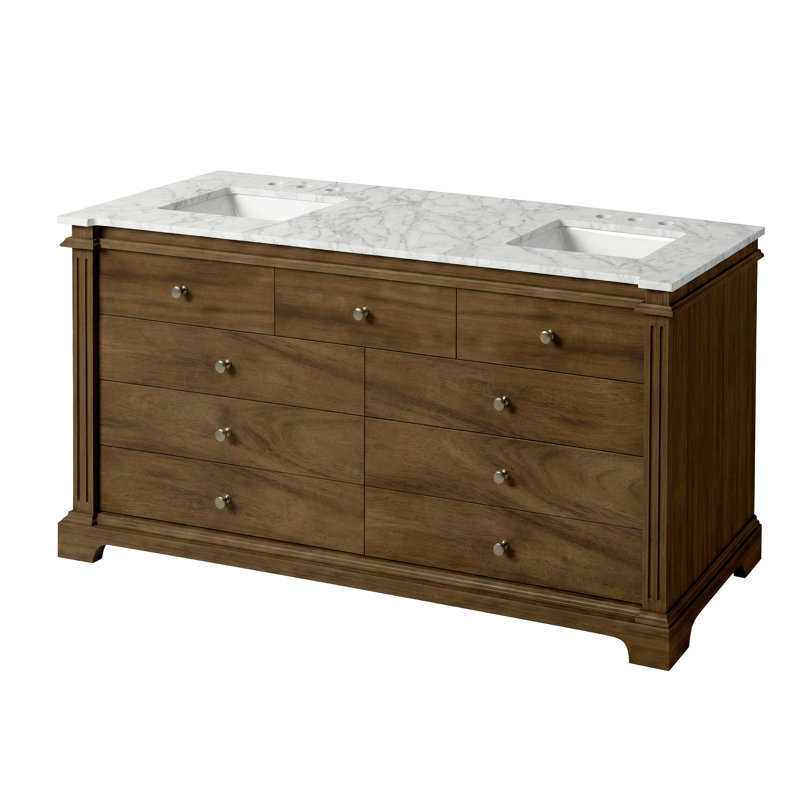 Rachelle 72"W Marble 5 Drawer Double Bathroom Vanity, Brown, Brown
