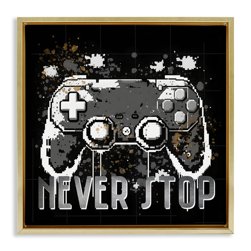 «Never Stop Pixel contrôleur», art mural encadré flottant par Kim Allen, Cadre flottant métallique doré, H 25 po x l 25 po