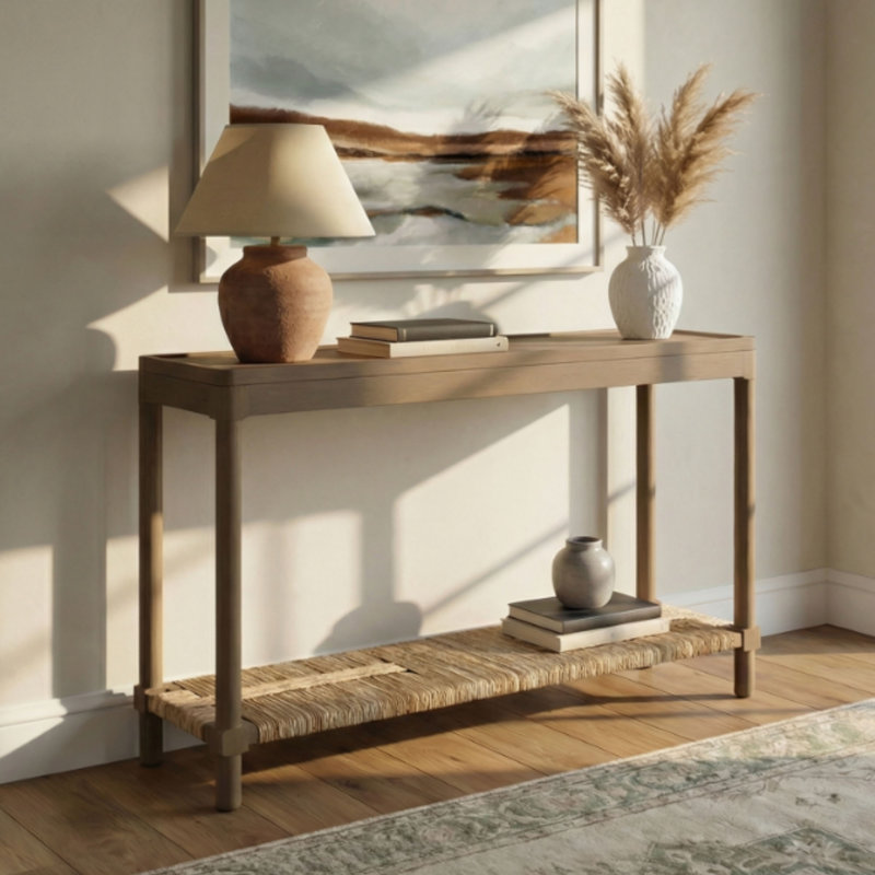 Cordel Tray Top Console Table With Rush Shelf, Chestnut Brown